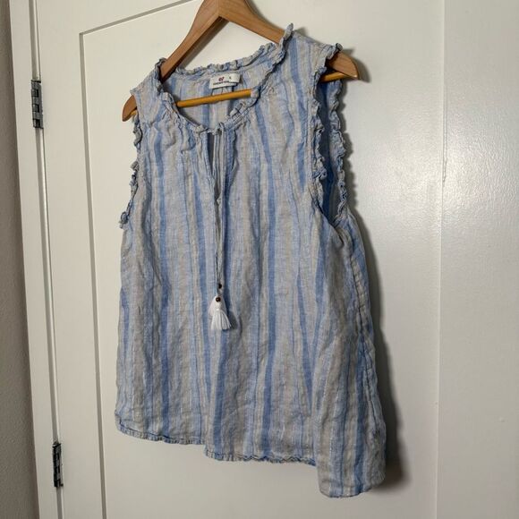 Vineyard Vines Top Tunic Sz XL Blue Linen Stripe Sleeveless Tassel Tie Beach - Picture 2 of 10